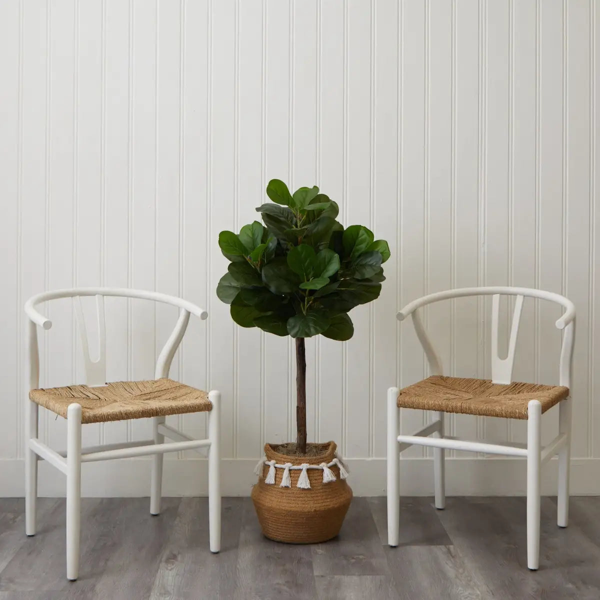 4’ Artificial Fiddle Leaf Fig Tree with Handmade Jute & Cotton Basket with Tassels DIY KIT - Nearly Natural