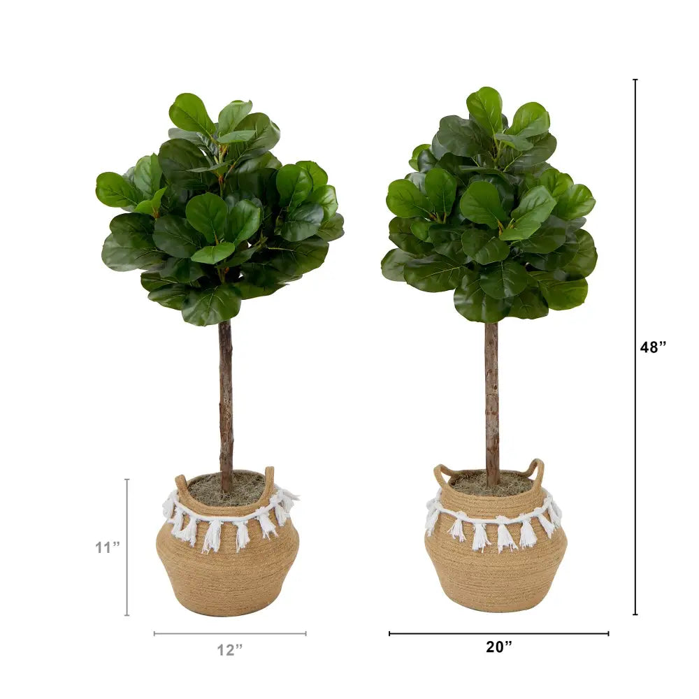 4’ Artificial Fiddle Leaf Fig Tree with Handmade Jute & Cotton Basket with Tassels DIY KIT- Set of 2 - Nearly Natural