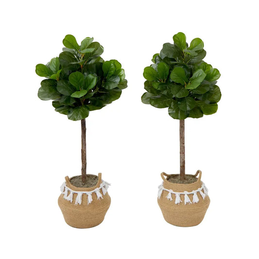 4’ Artificial Fiddle Leaf Fig Tree with Handmade Jute & Cotton Basket with Tassels DIY KIT- Set of 2 - Nearly Natural
