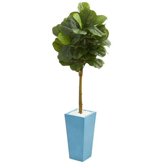 4’ Fiddle Leaf Artificial Tree in Turquoise Planter (Real Touch) - Nearly Natural