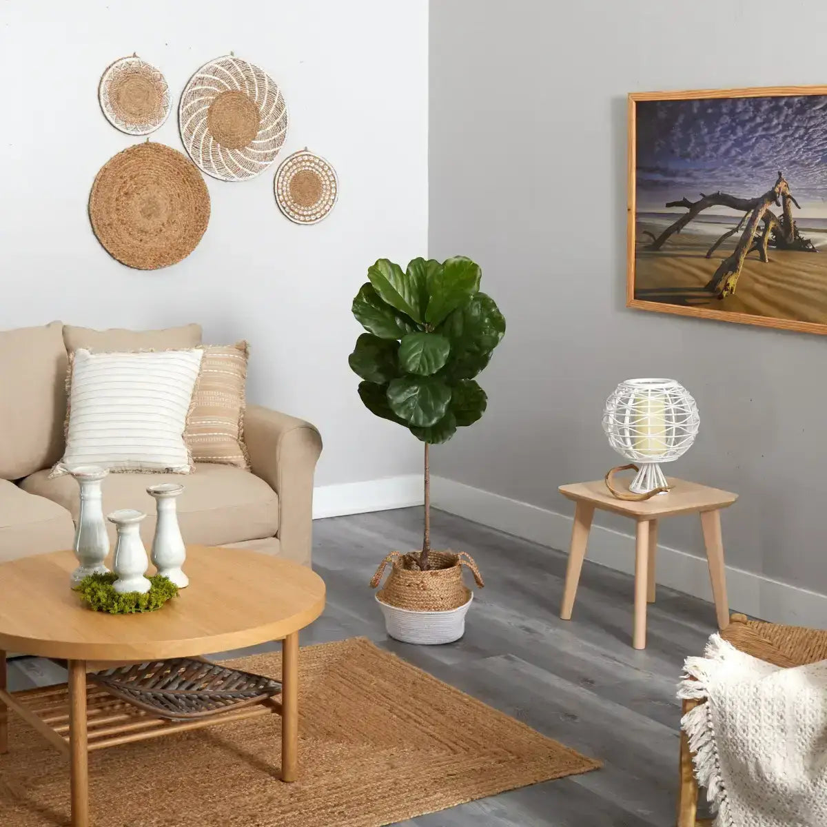 4’ Fiddle Leaf Tree in Boho Chic Handmade Cotton & Jute White Woven Planter UV Resistant - Nearly Natural