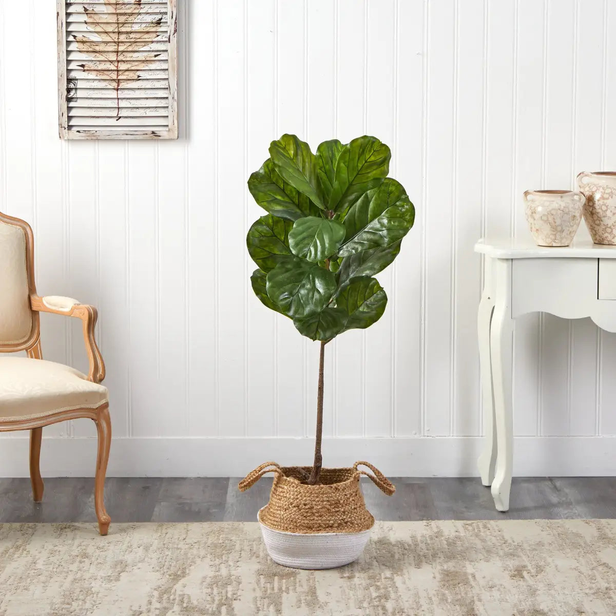 4’ Fiddle Leaf Tree in Boho Chic Handmade Cotton & Jute White Woven Planter UV Resistant - Nearly Natural