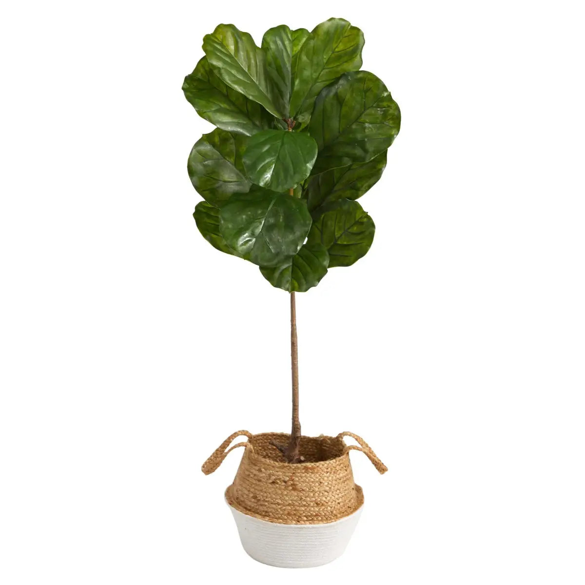 4’ Fiddle Leaf Tree in Boho Chic Handmade Cotton & Jute White Woven Planter UV Resistant - Nearly Natural