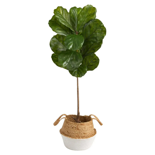 4’ Fiddle Leaf Tree in Boho Chic Handmade Cotton & Jute White Woven Planter UV Resistant - Nearly Natural