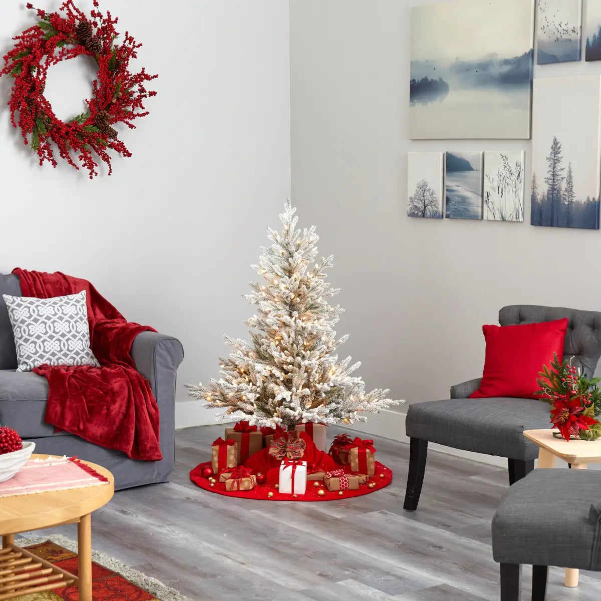 4’ Flocked Fraser Fir Artificial Christmas Tree with 300 Warm White Lights and 967 Bendable Branches - Nearly Natural