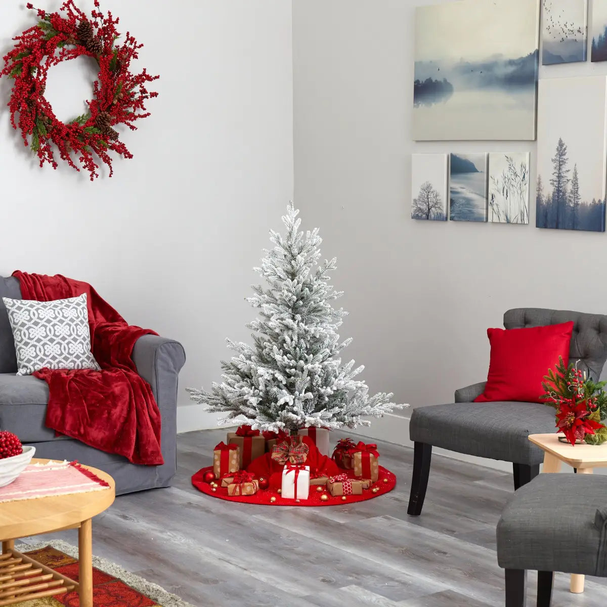 4’ Flocked Fraser Fir Artificial Christmas Tree with 300 Warm White Lights and 967 Bendable Branches - Nearly Natural