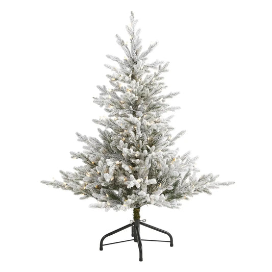 4’ Flocked Fraser Fir Artificial Christmas Tree with 300 Warm White Lights and 967 Bendable Branches - Nearly Natural