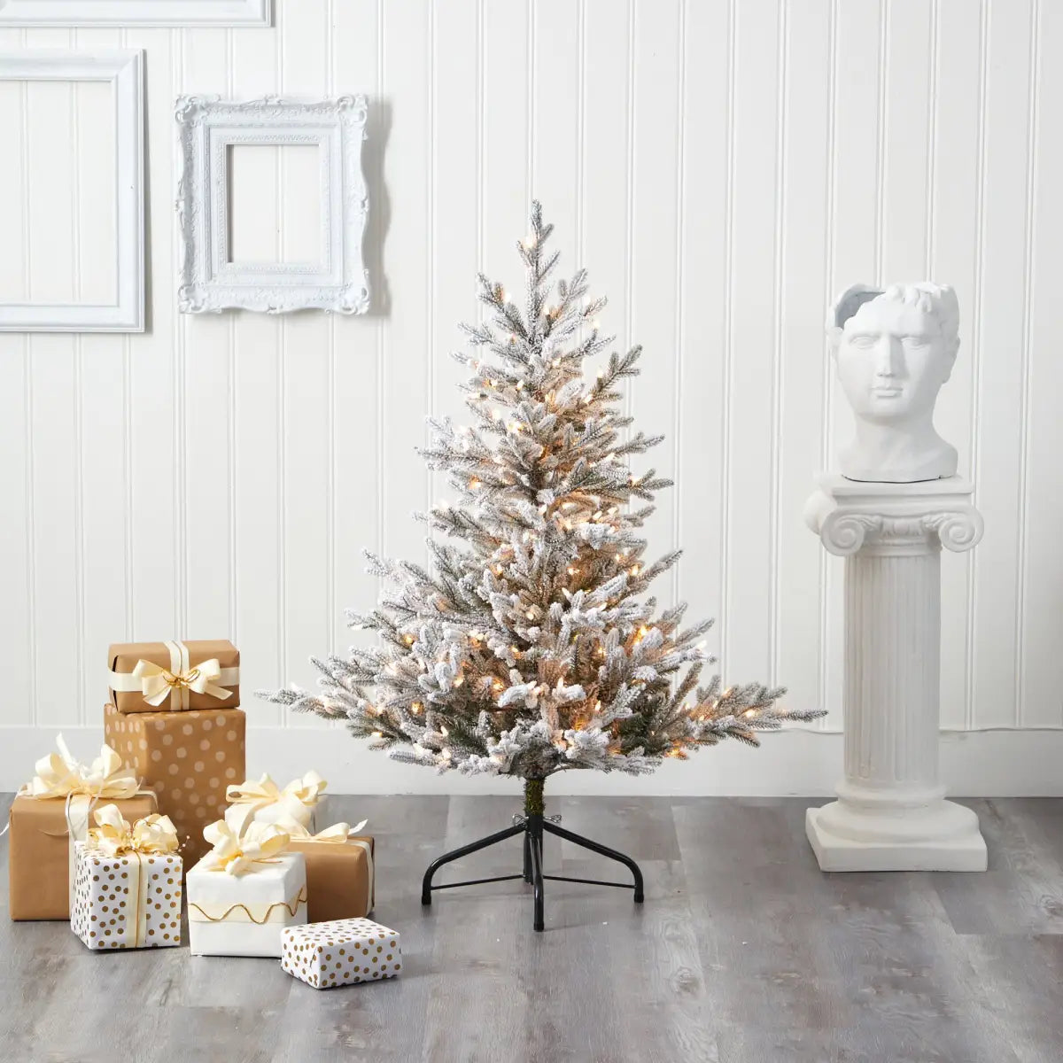 4’ Flocked Fraser Fir Artificial Christmas Tree with 300 Warm White Lights and 967 Bendable Branches - Nearly Natural