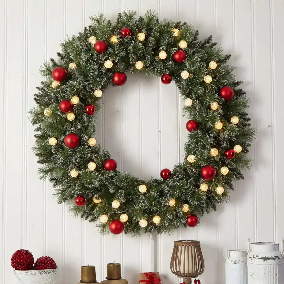 4’ Oversized Pre-Lit Frosted Holiday Christmas Wreath with Ornaments and 40 LED Globe Lights - Nearly Natural