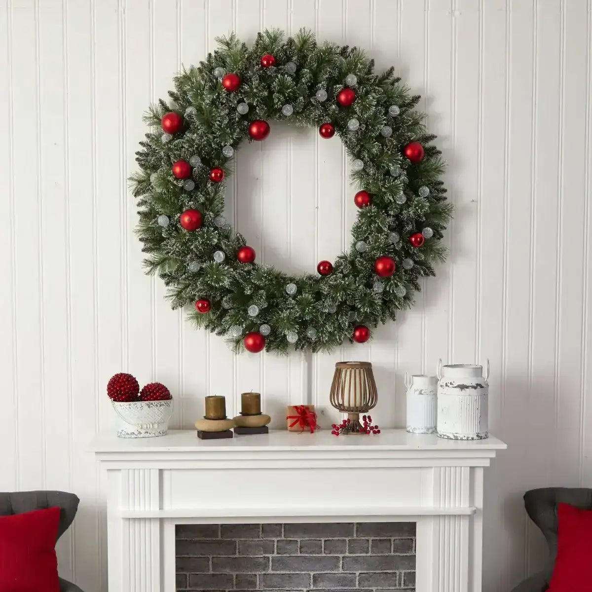 4’ Oversized Pre-Lit Frosted Holiday Christmas Wreath with Ornaments and 40 LED Globe Lights - Nearly Natural