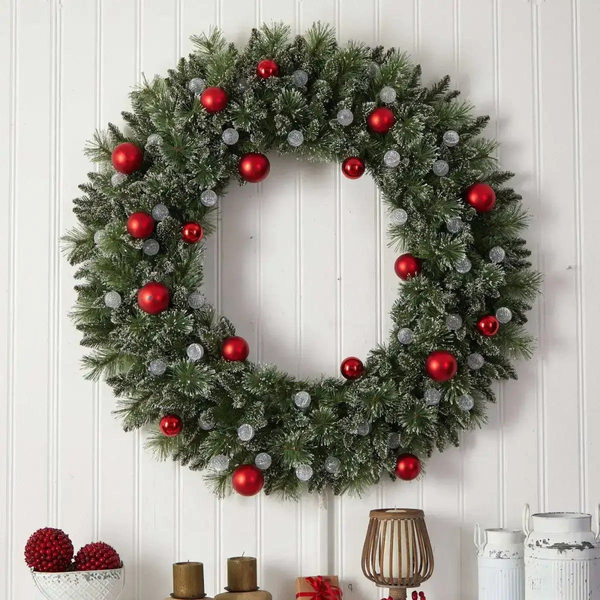4’ Oversized Pre-Lit Frosted Holiday Christmas Wreath with Ornaments and 40 LED Globe Lights - Nearly Natural