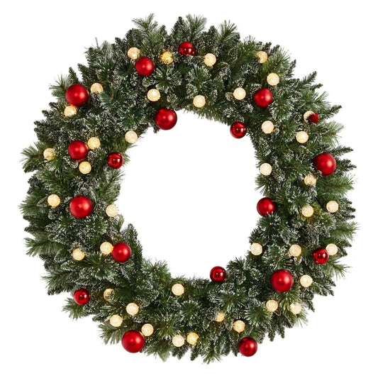 4’ Oversized Pre-Lit Frosted Holiday Christmas Wreath with Ornaments and 40 LED Globe Lights - Nearly Natural