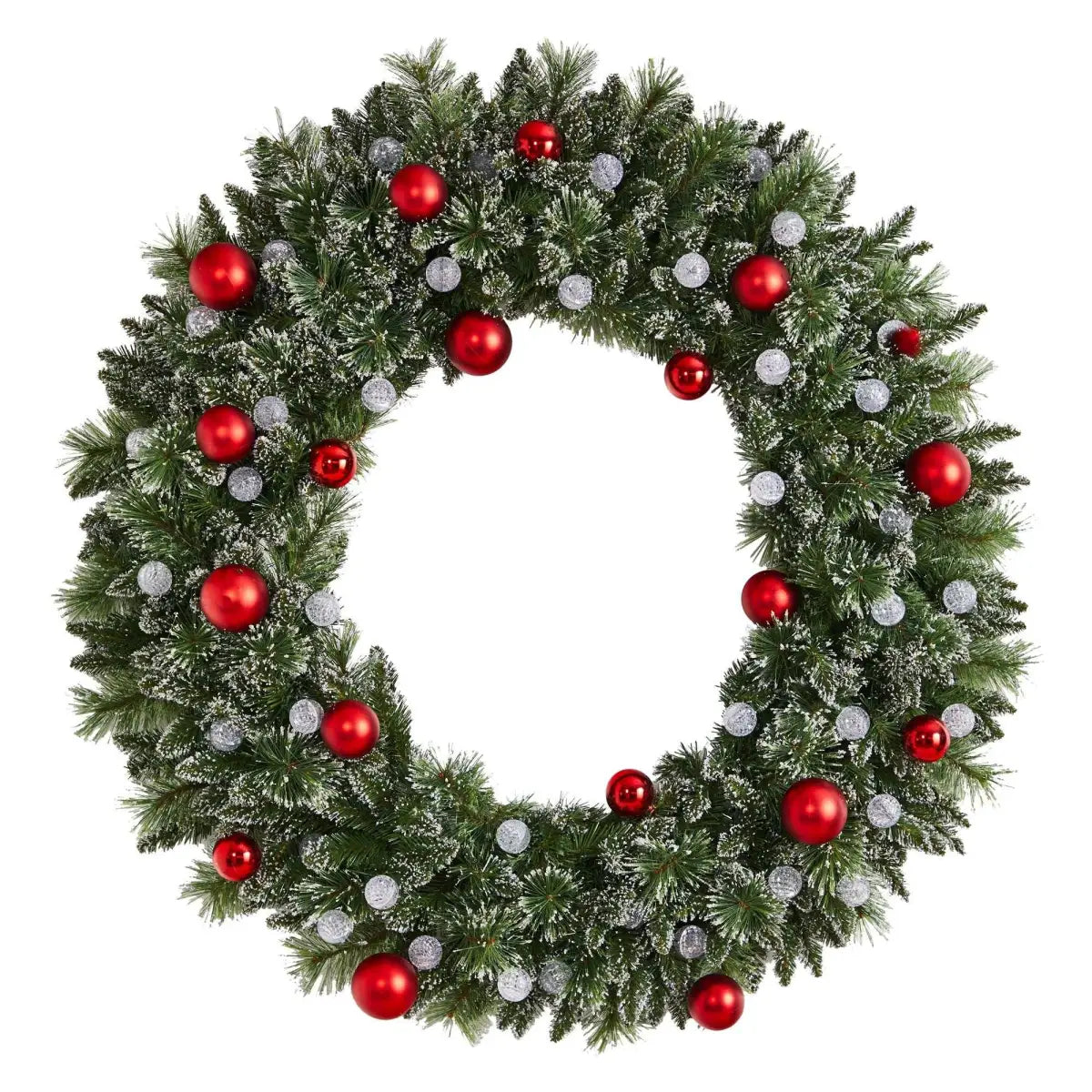 4’ Oversized Pre-Lit Frosted Holiday Christmas Wreath with Ornaments and 40 LED Globe Lights - Nearly Natural