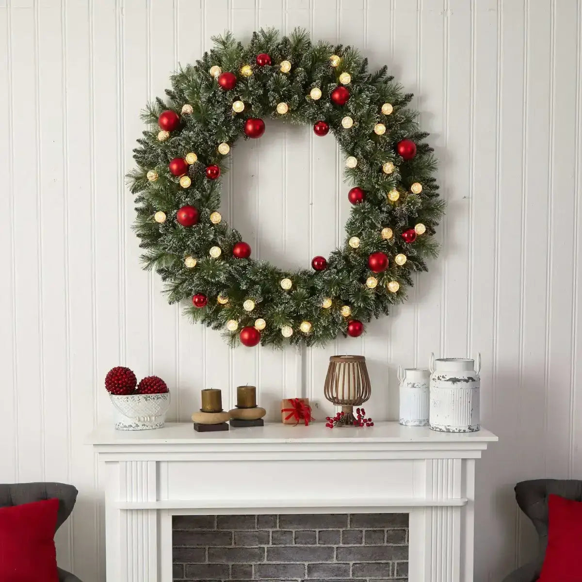 4’ Oversized Pre-Lit Frosted Holiday Christmas Wreath with Ornaments and 40 LED Globe Lights - Nearly Natural