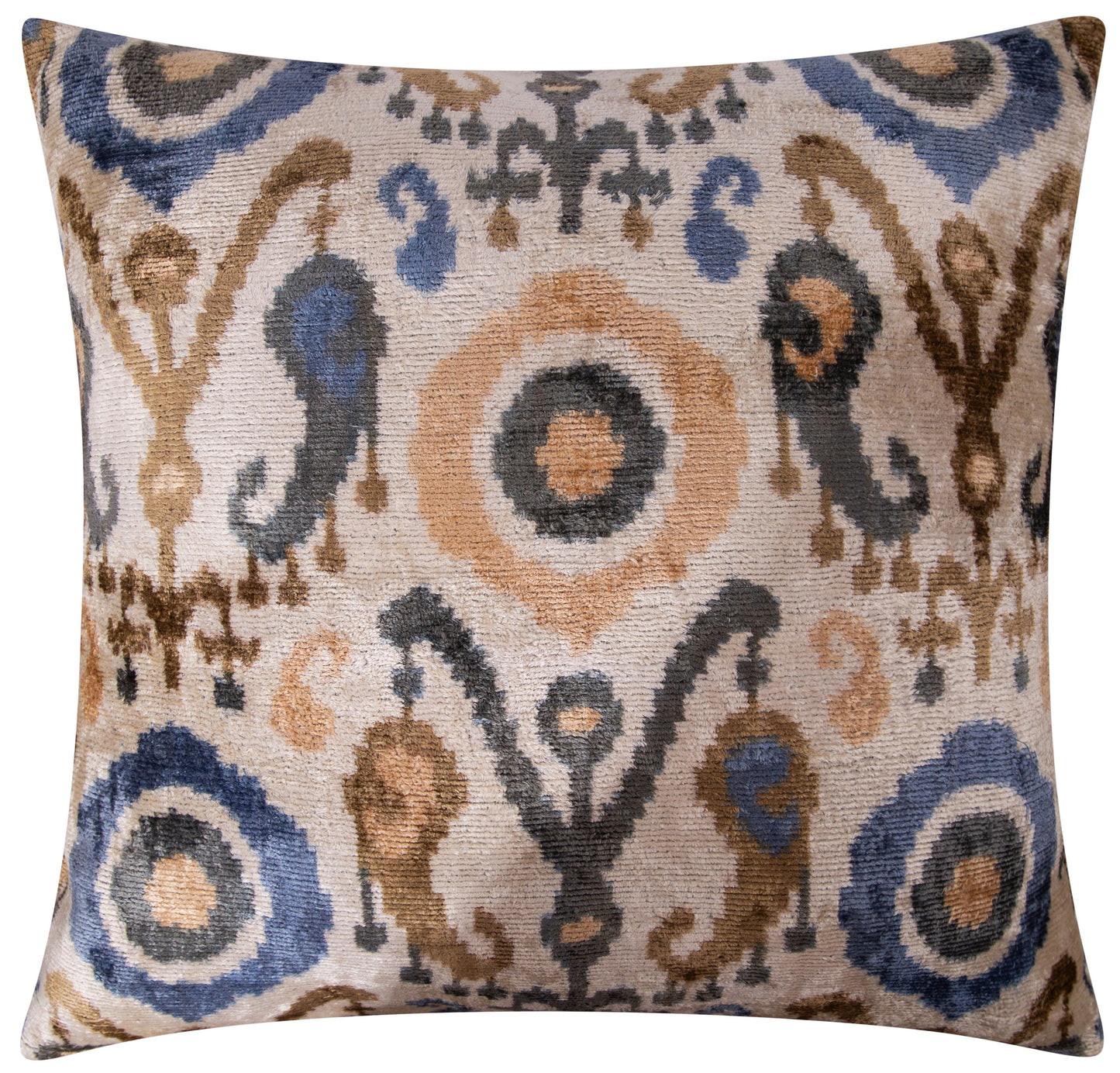 Coussin décoratif en velours de soie Ikat fait main - 20x20, beige, bleu et marron, design luxueux avec insert en plumes