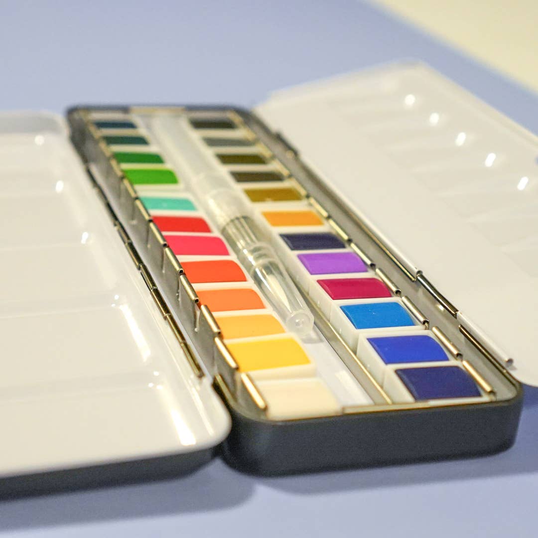 Watercolor Paint Palette - 24 Color Tin with Brush