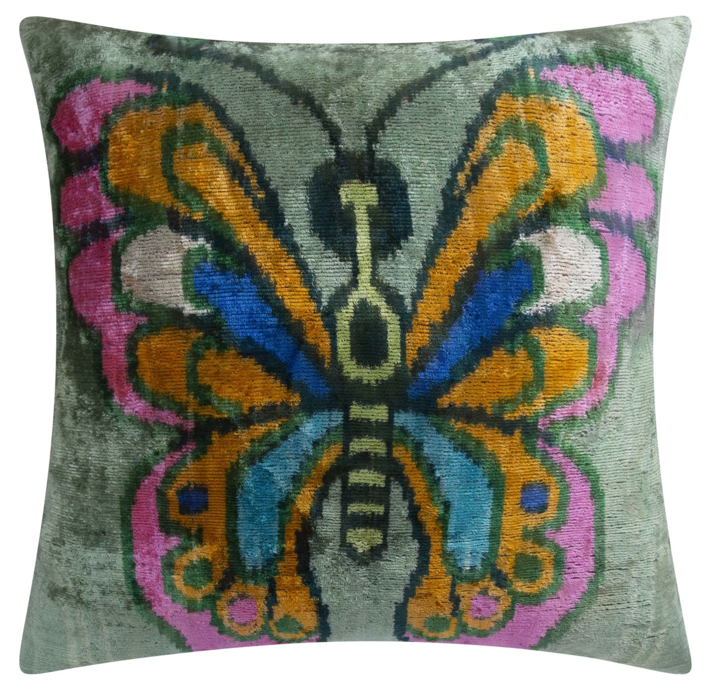 Almohada decorativa de terciopelo de seda hecha a mano con diseño de mariposas, 20 x 20, diseño vibrante en verde, rosa, naranja y azul con relleno de plumas