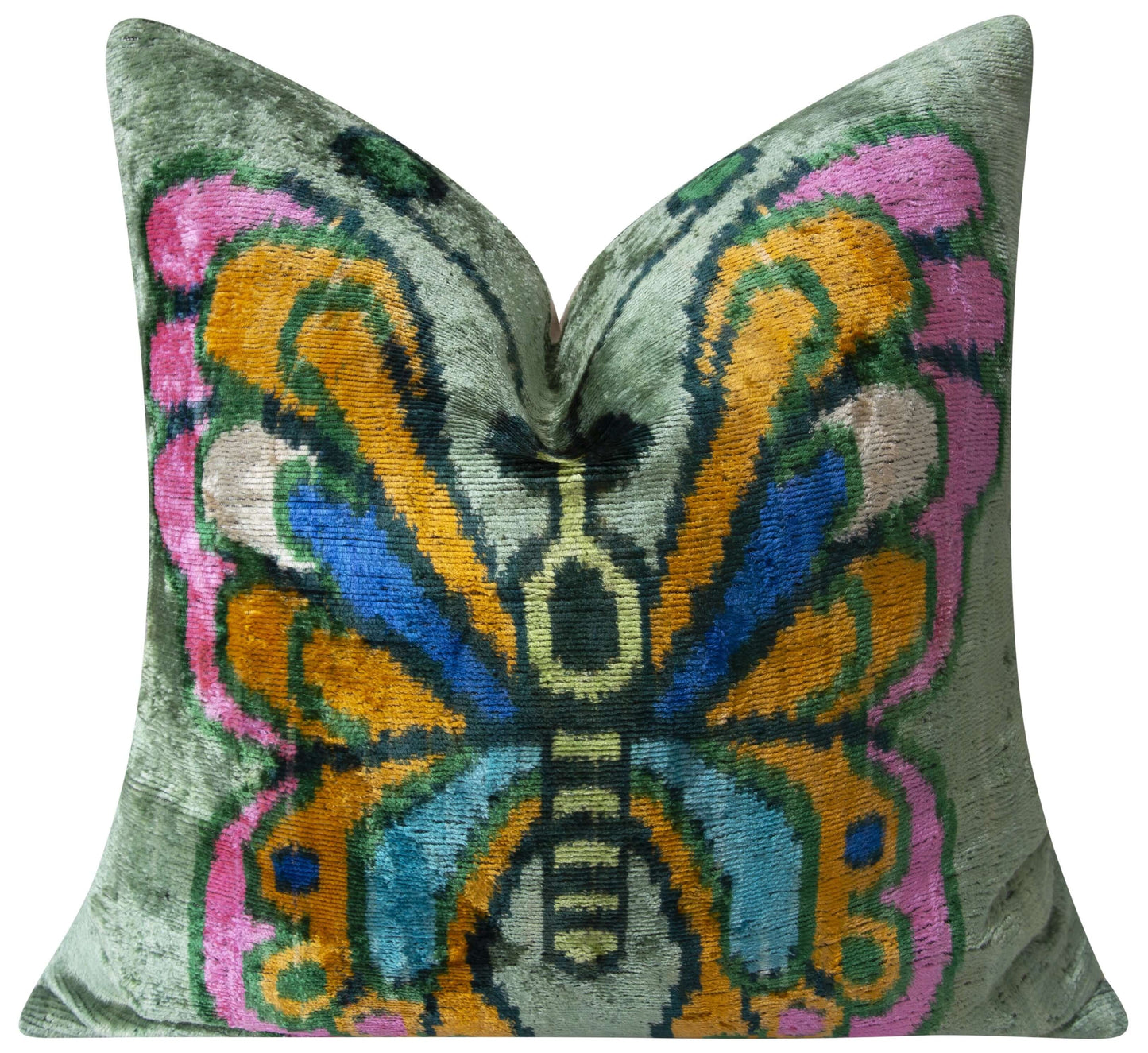 Almohada decorativa de terciopelo de seda hecha a mano con diseño de mariposas, 20 x 20, diseño vibrante en verde, rosa, naranja y azul con relleno de plumas