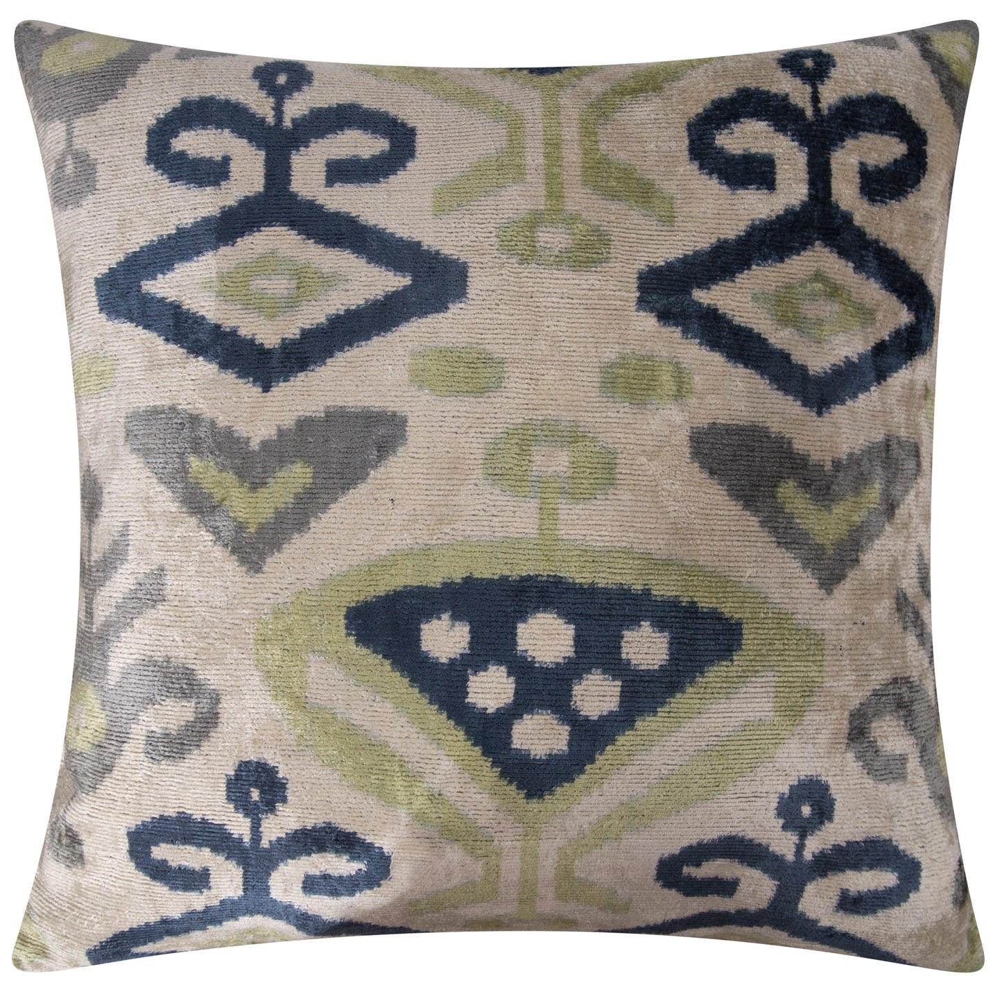 Almohada decorativa de terciopelo de seda Ikat hecha a mano: 20 x 20, diseño Ikat beige, azul y verde con inserto de plumas