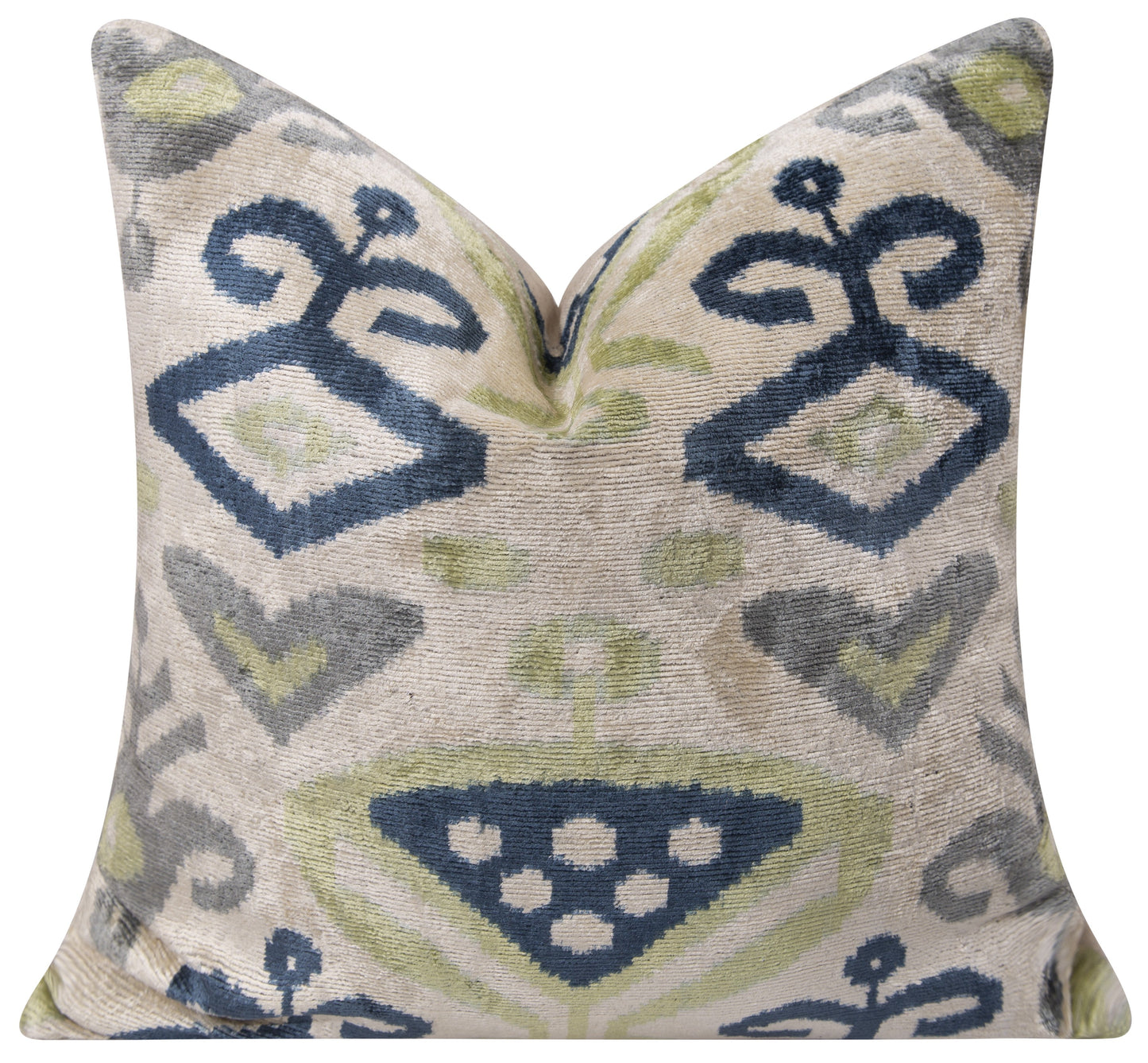 Almohada decorativa de terciopelo de seda Ikat hecha a mano: 20 x 20, diseño Ikat beige, azul y verde con inserto de plumas