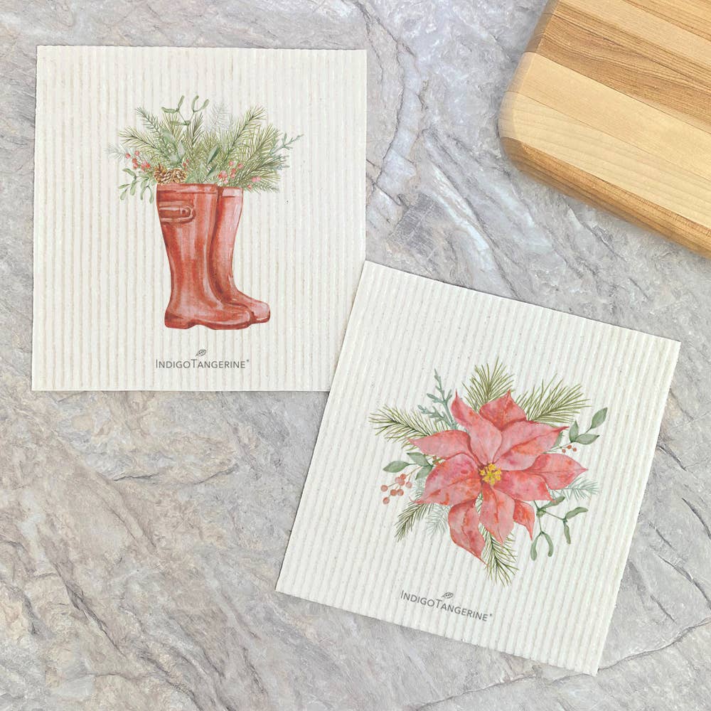 Poinsettia & Boots - Christmas Swedish Dish Cloths - set of 2