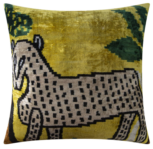 Coussin décoratif fait main en velours de soie et motif animalier - 20 x 20, jaune vif, vert et beige avec insert en plumes