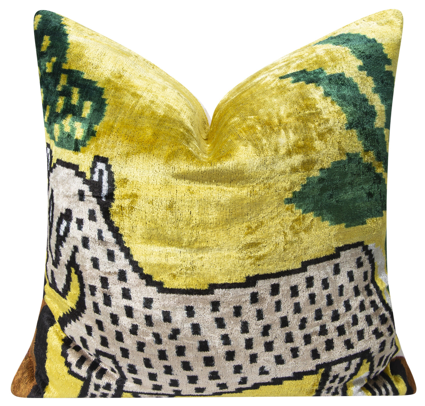 Coussin décoratif fait main en velours de soie et motif animalier - 20 x 20, jaune vif, vert et beige avec insert en plumes