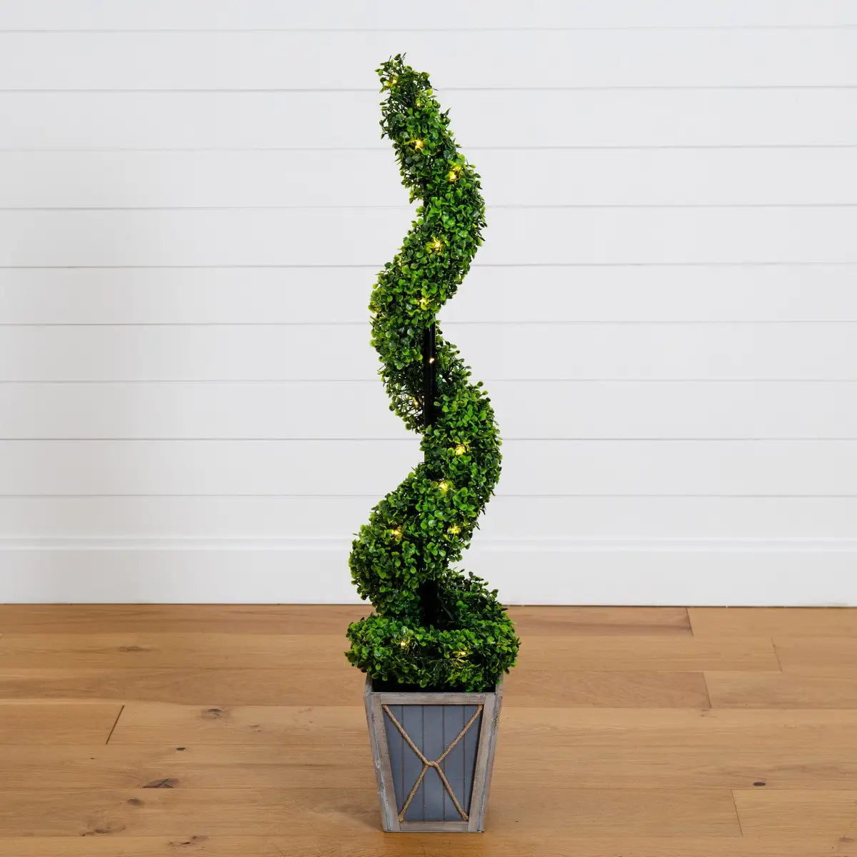 45” UV Resistant Artificial Boxwood Spiral Topiary Tree with LED Lights in Decorative Planter (Indoor/Outdoor) - Nearly