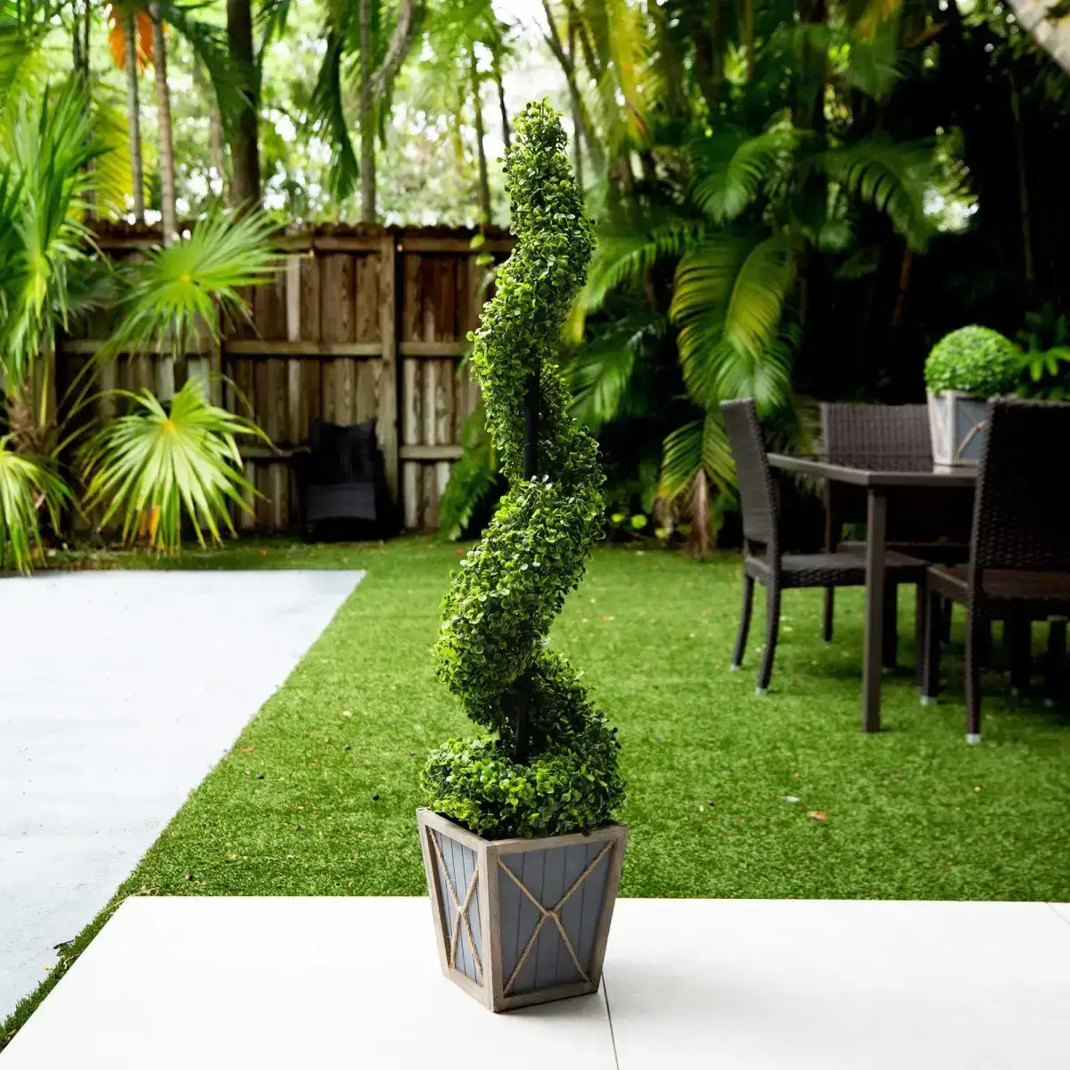 45” UV Resistant Artificial Boxwood Spiral Topiary Tree with LED Lights in Decorative Planter (Indoor/Outdoor) - Nearly