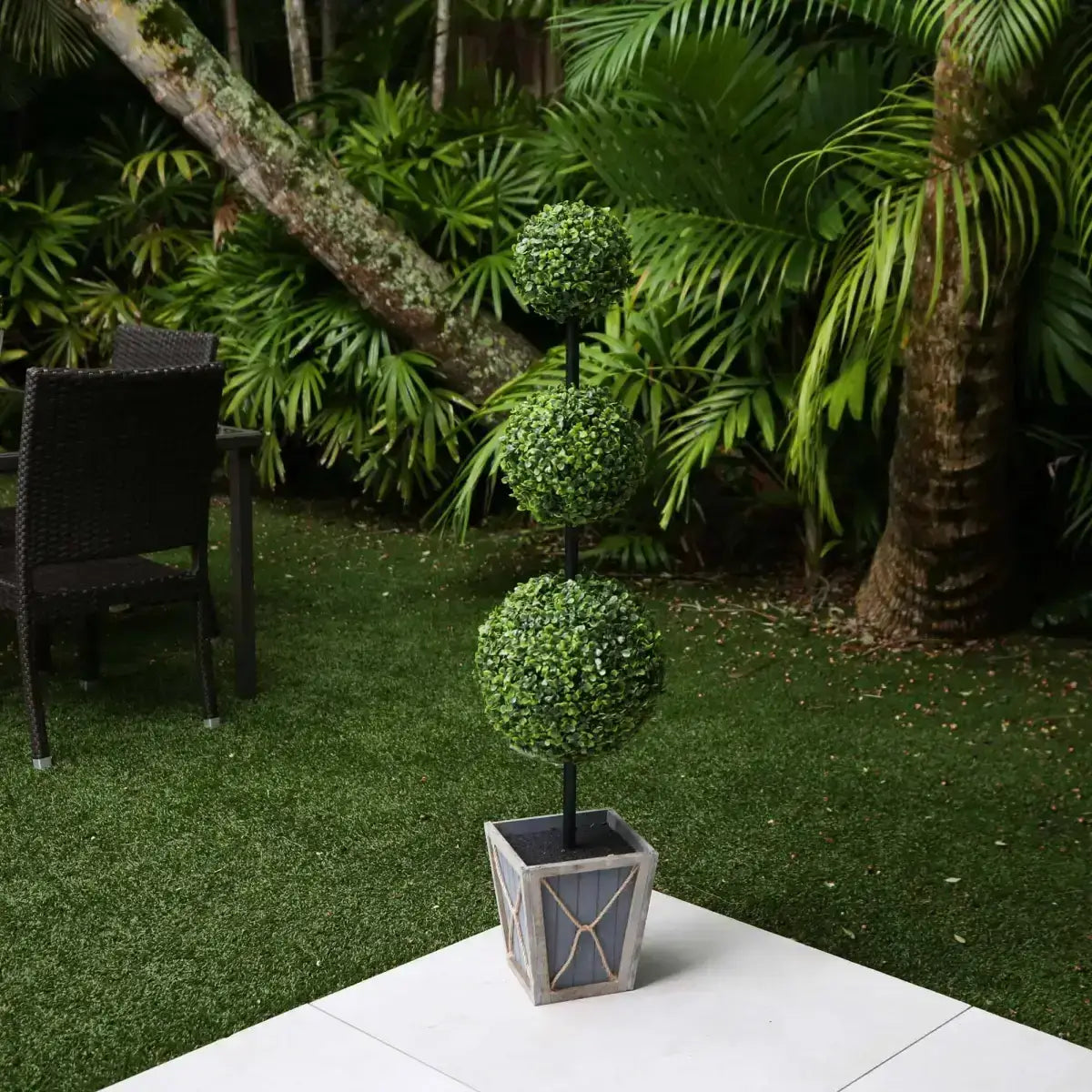 45’’ UV Resistant Artificial Triple Ball Boxwood Topiary with LED Lights in Decorative Planter (Indoor/Outdoor)