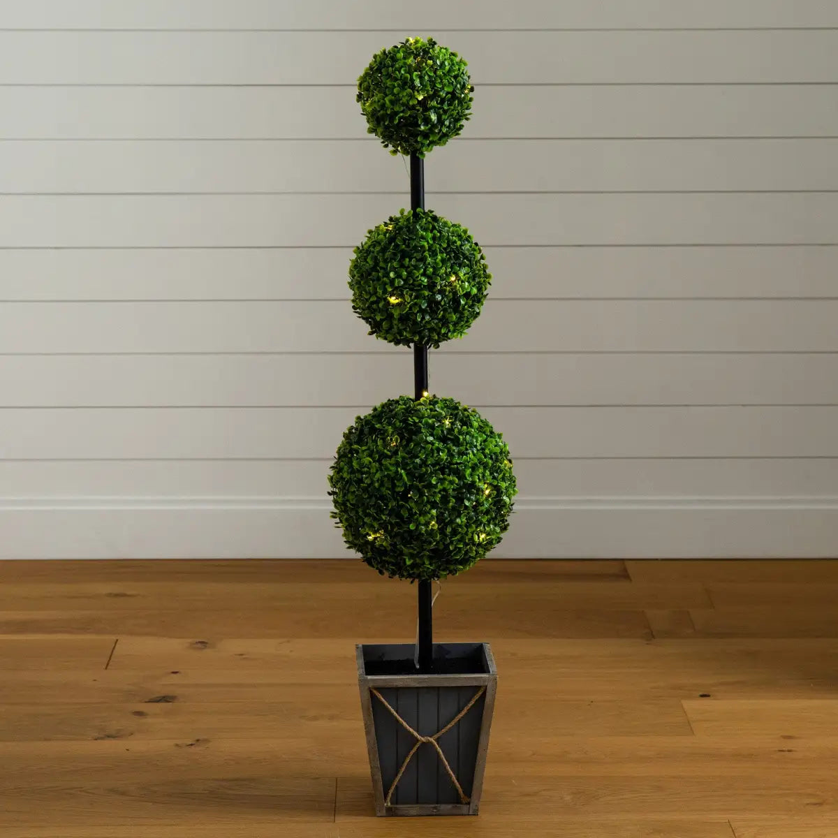 45’’ UV Resistant Artificial Triple Ball Boxwood Topiary with LED Lights in Decorative Planter (Indoor/Outdoor)