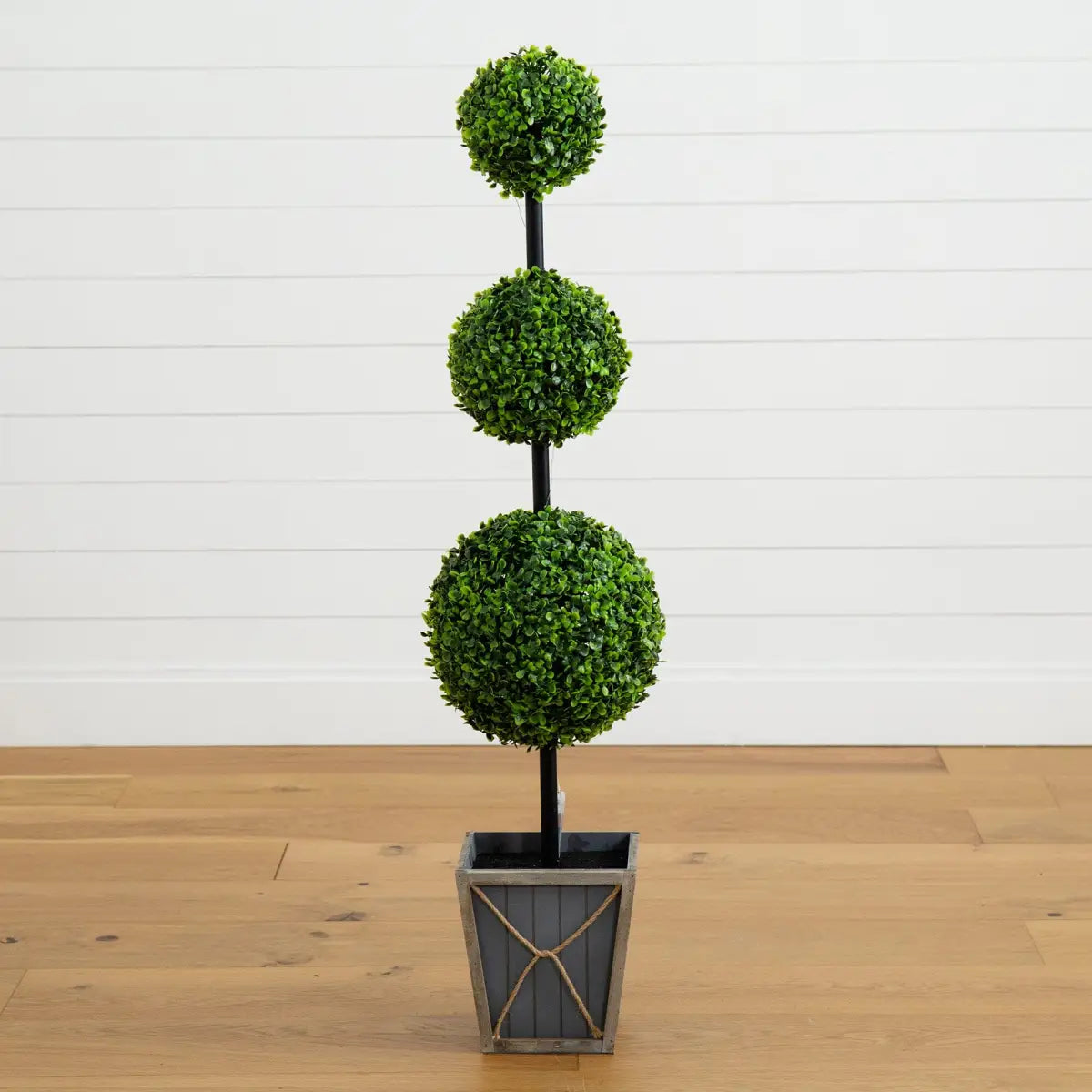 45’’ UV Resistant Artificial Triple Ball Boxwood Topiary with LED Lights in Decorative Planter (Indoor/Outdoor)