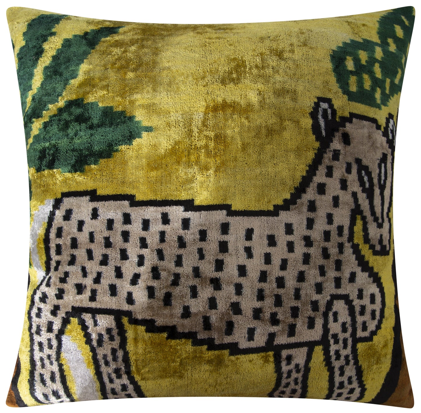 Almohada decorativa de terciopelo de seda hecha a mano con motivos de animales: 20 x 20, diseño amarillo vibrante con verde y beige, relleno de plumas