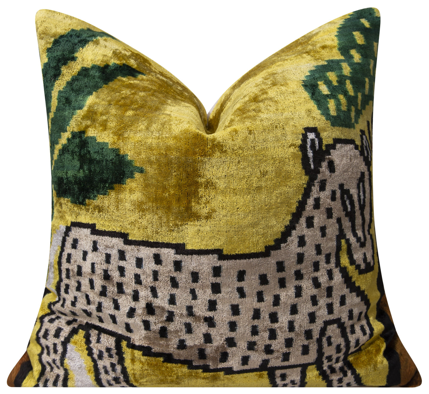 Almohada decorativa de terciopelo de seda hecha a mano con motivos de animales: 20 x 20, diseño amarillo vibrante con verde y beige, relleno de plumas