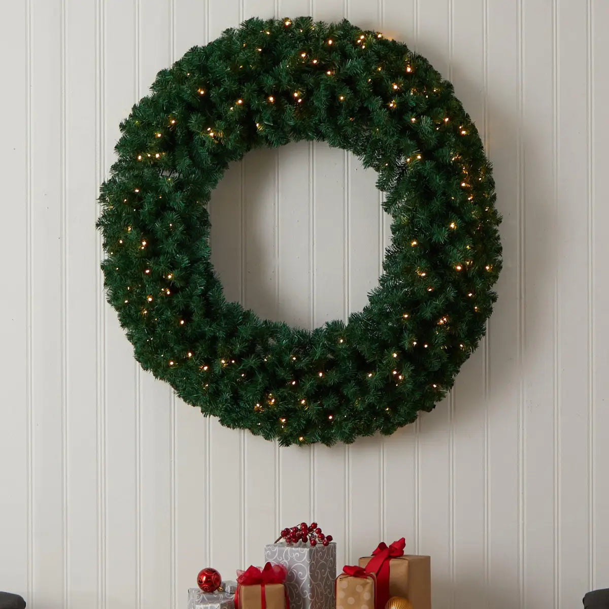 48” Large Artificial Christmas Wreath with 714 Bendable Branches and 200 Warm White LED Lights - Nearly Natural