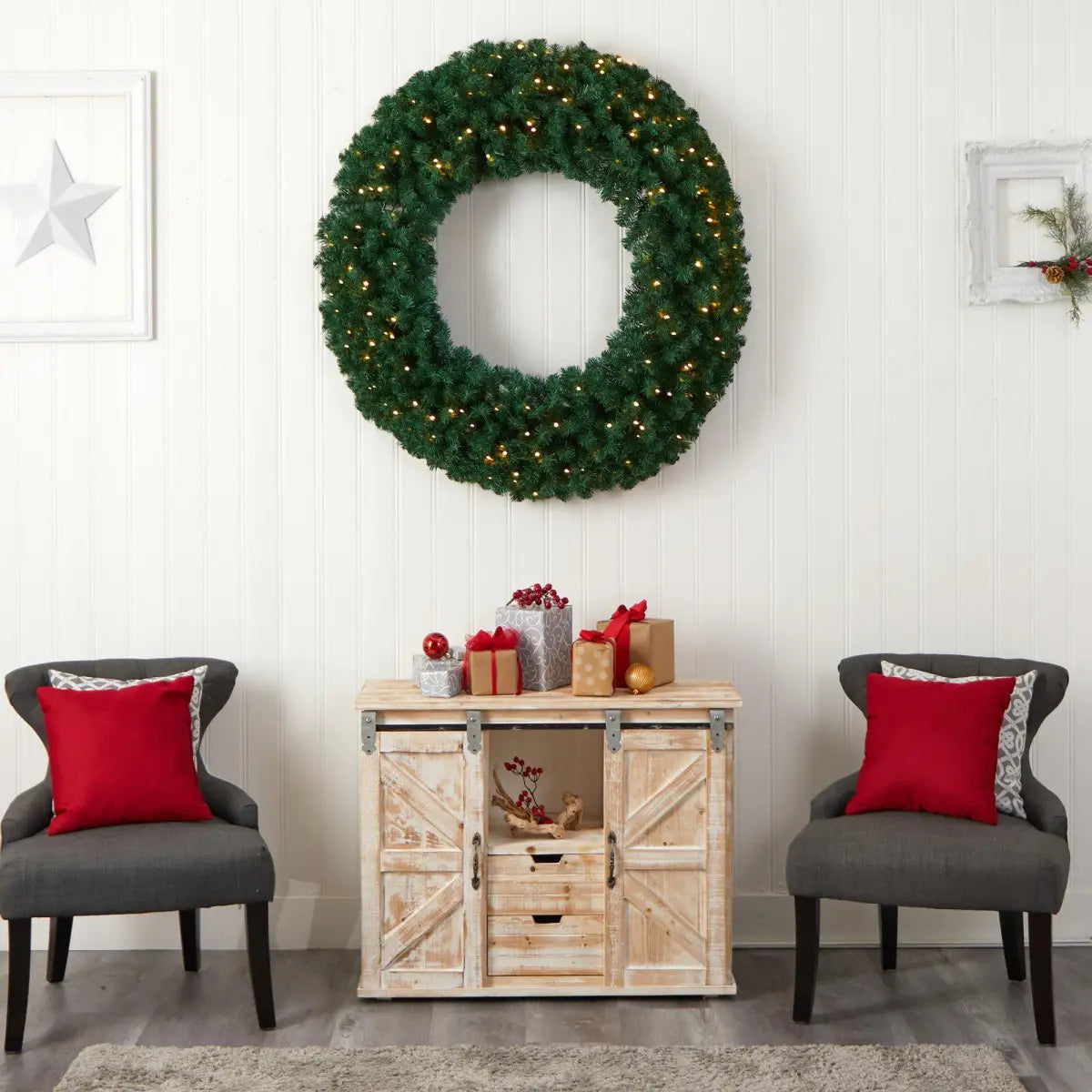 48” Large Artificial Christmas Wreath with 714 Bendable Branches and 200 Warm White LED Lights - Nearly Natural