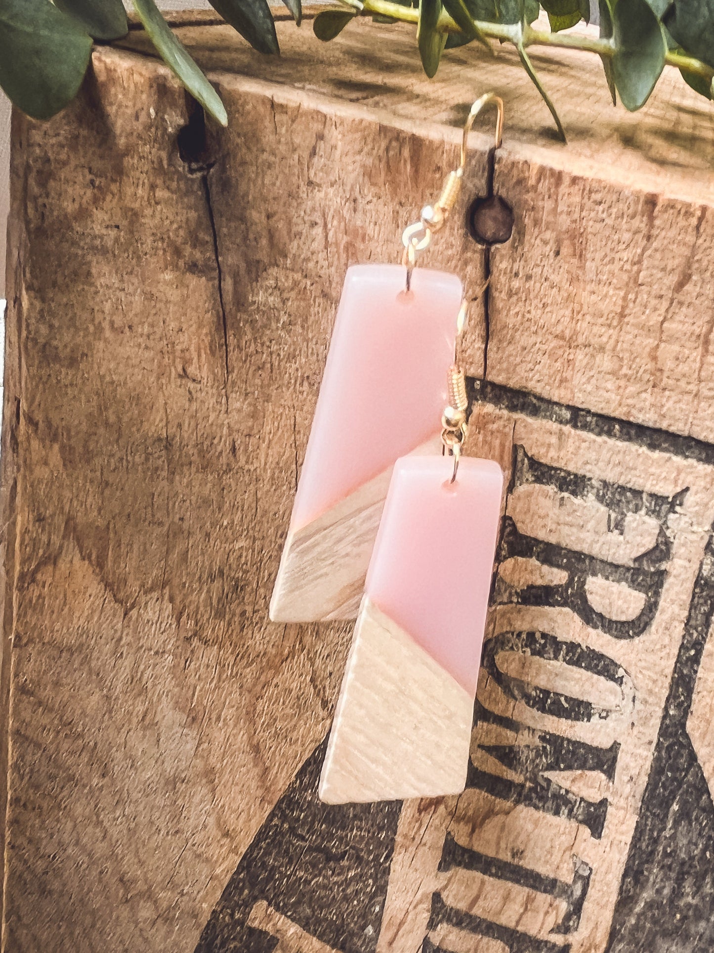 Beautiful Pink Resin and Wood Earrings