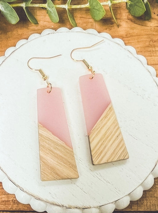 Beautiful Pink Resin and Wood Earrings