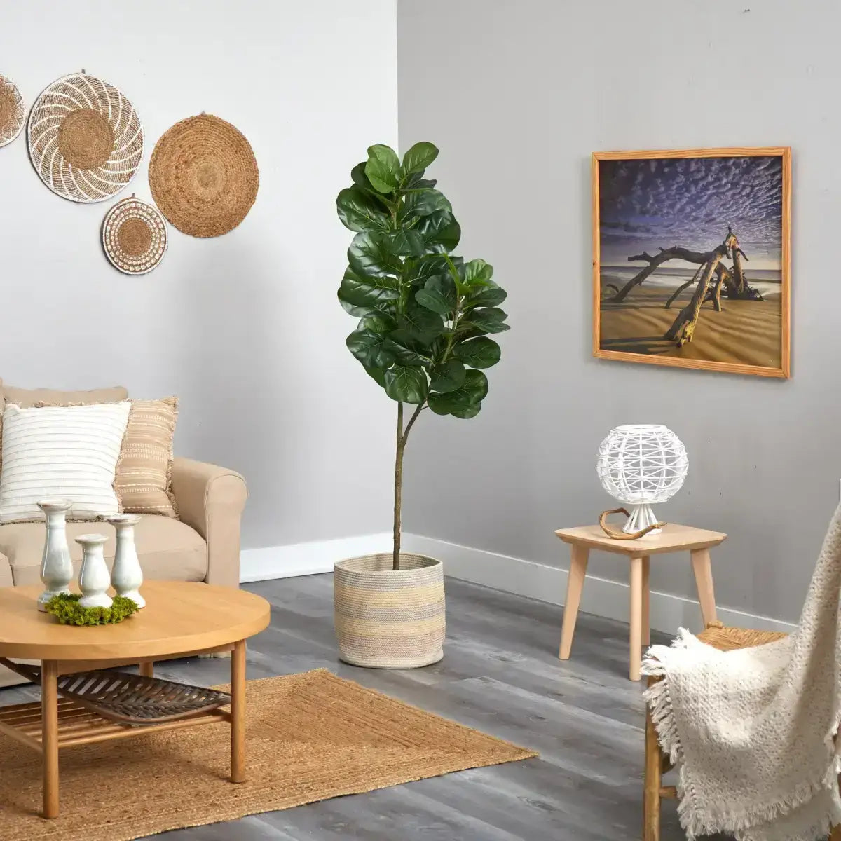 5.5’ Fiddle Leaf Fig Artificial Tree in Handmade Natural Cotton Multicolored Woven Planter - Nearly Natural