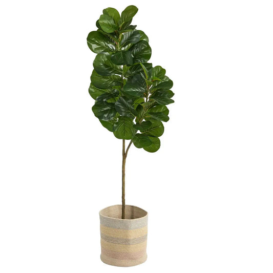 5.5’ Fiddle Leaf Fig Artificial Tree in Handmade Natural Cotton Multicolored Woven Planter - Nearly Natural