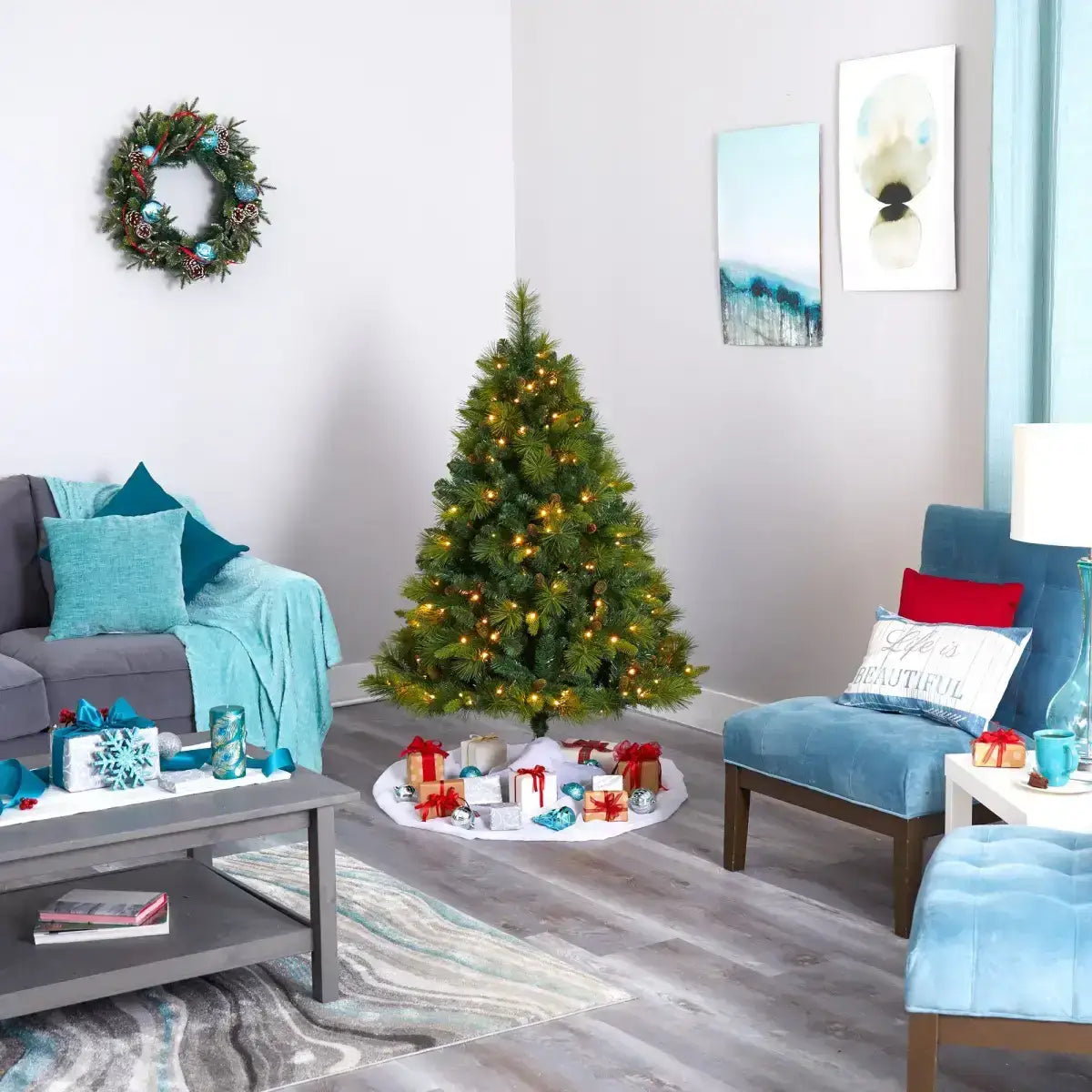 5’ North Carolina Mixed Pine Artificial Christmas Tree with 200 Warm White LED Lights 711 Bendable Branches