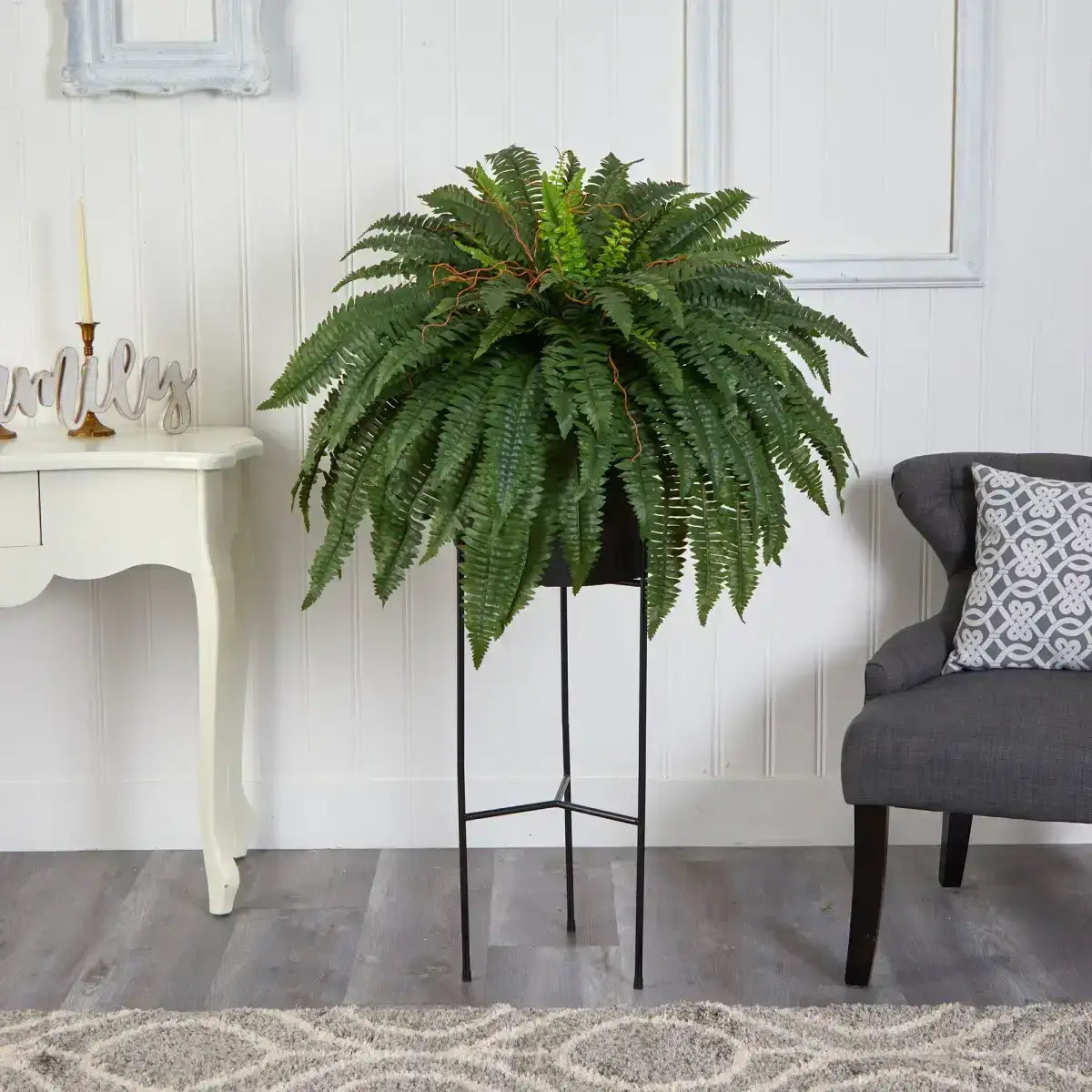 51” Boston Fern Artificial Plant in Black Planter with Stand - Nearly Natural