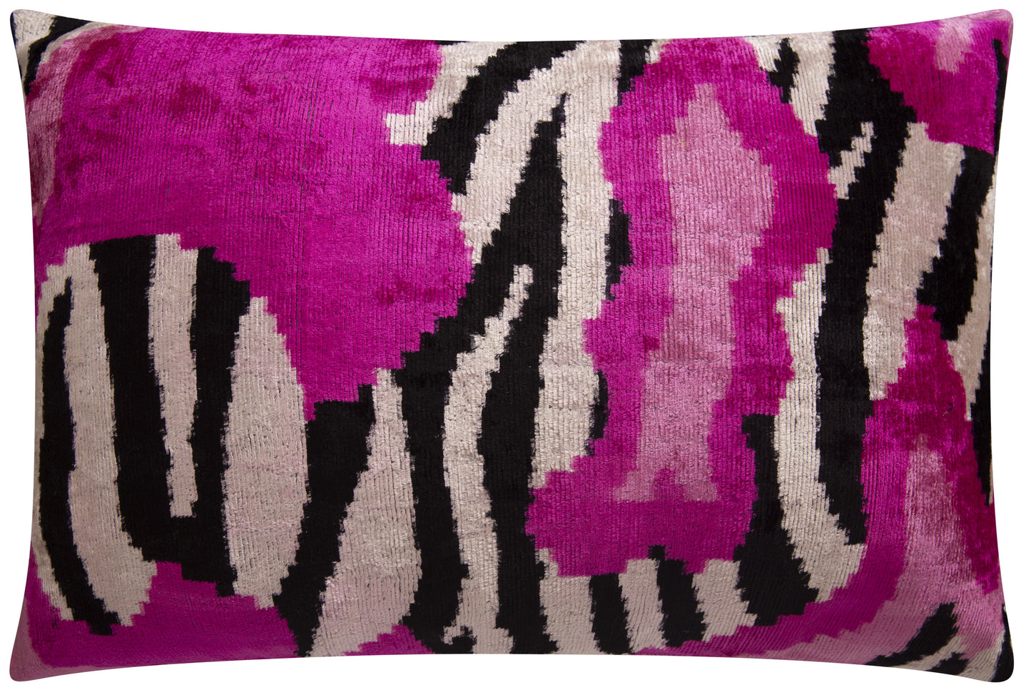 Almohada decorativa de terciopelo de seda hecha a mano, 16 x 24 pulgadas, estampado animal abstracto en fucsia y negro con relleno de plumas