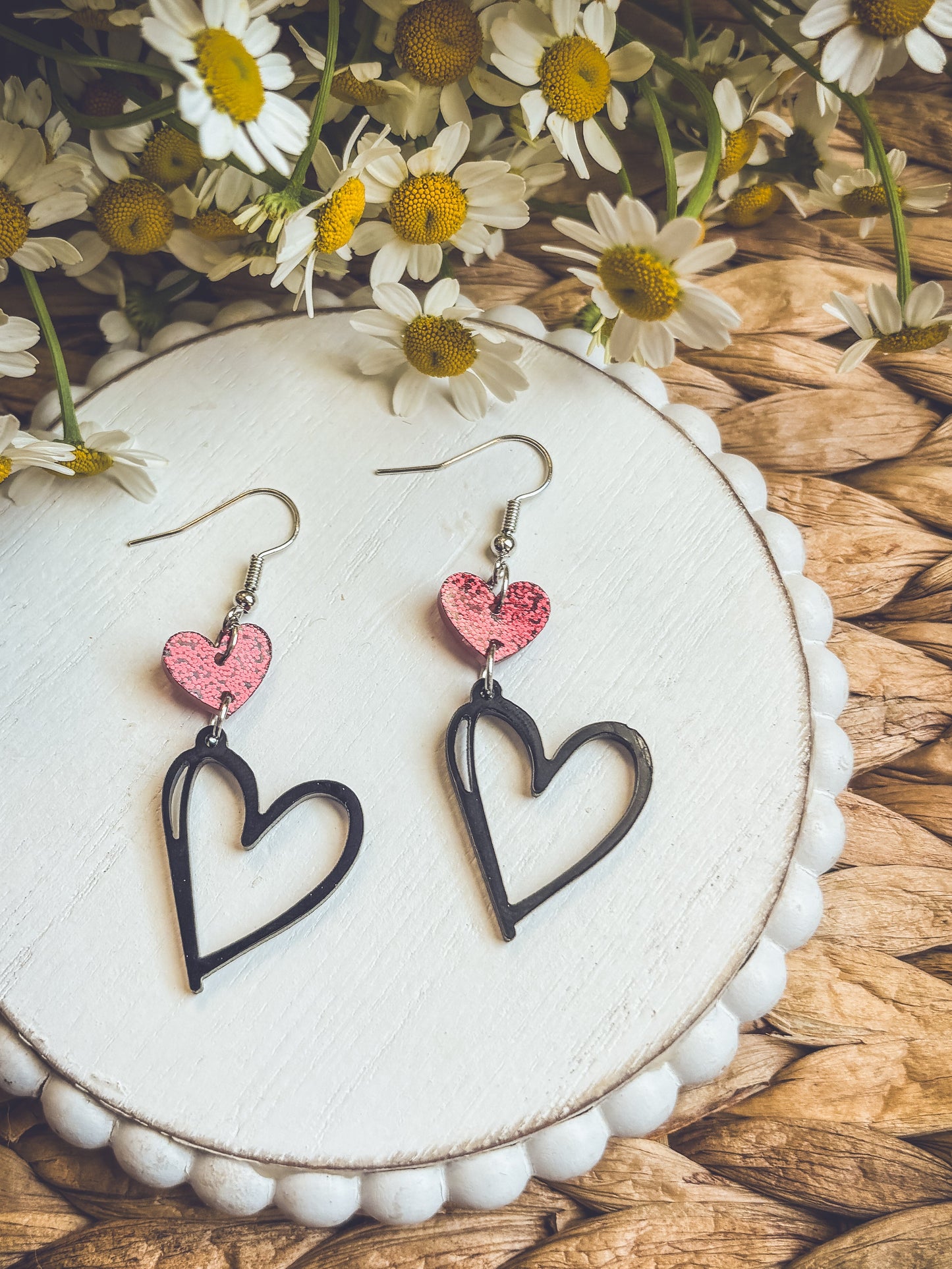 Adorable Black and Red Heart Drop Earrings