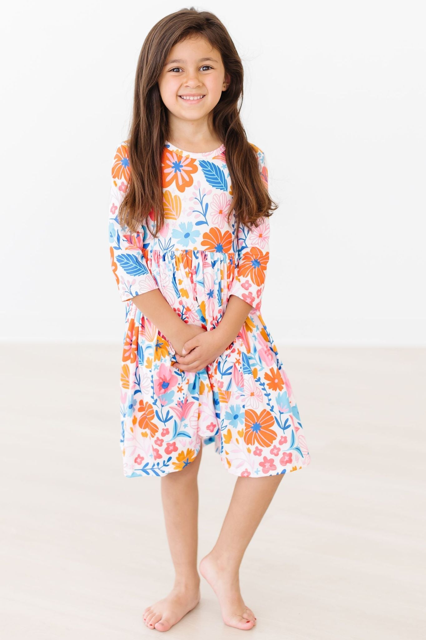 Colorful Carnations 3/4 Sleeve Pocket Twirl Dress