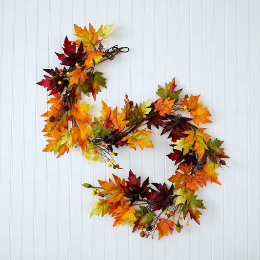 6’ Autumn Maple Leaf and Berry Fall Garland - Nearly Natural
