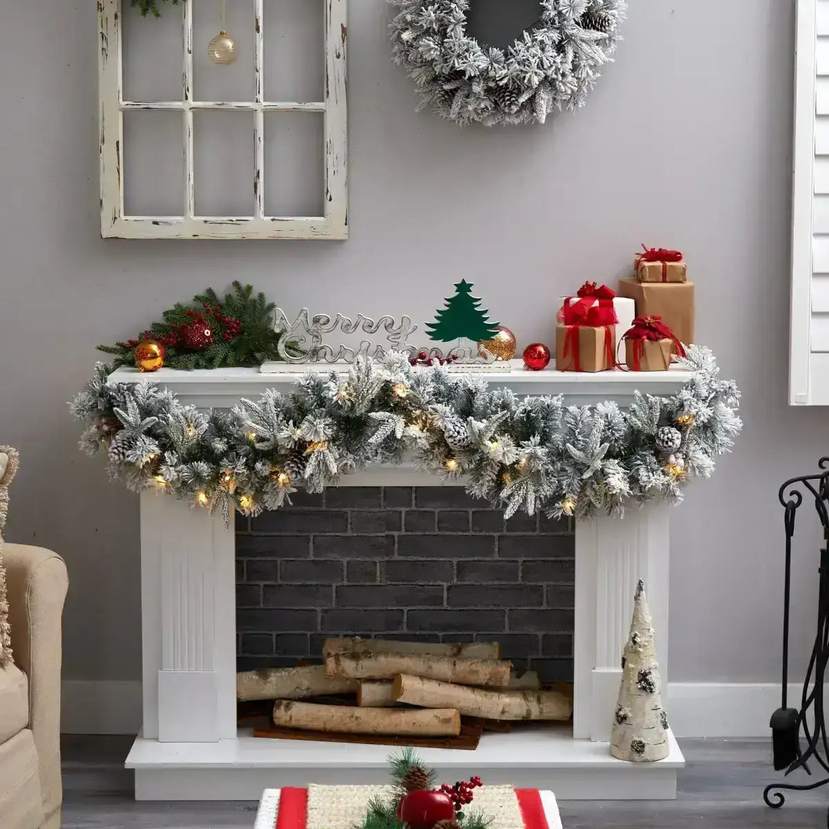 6’ Flocked Artificial Christmas Garland with Pine Cones and 35 Warm White LED Lights - Nearly Natural