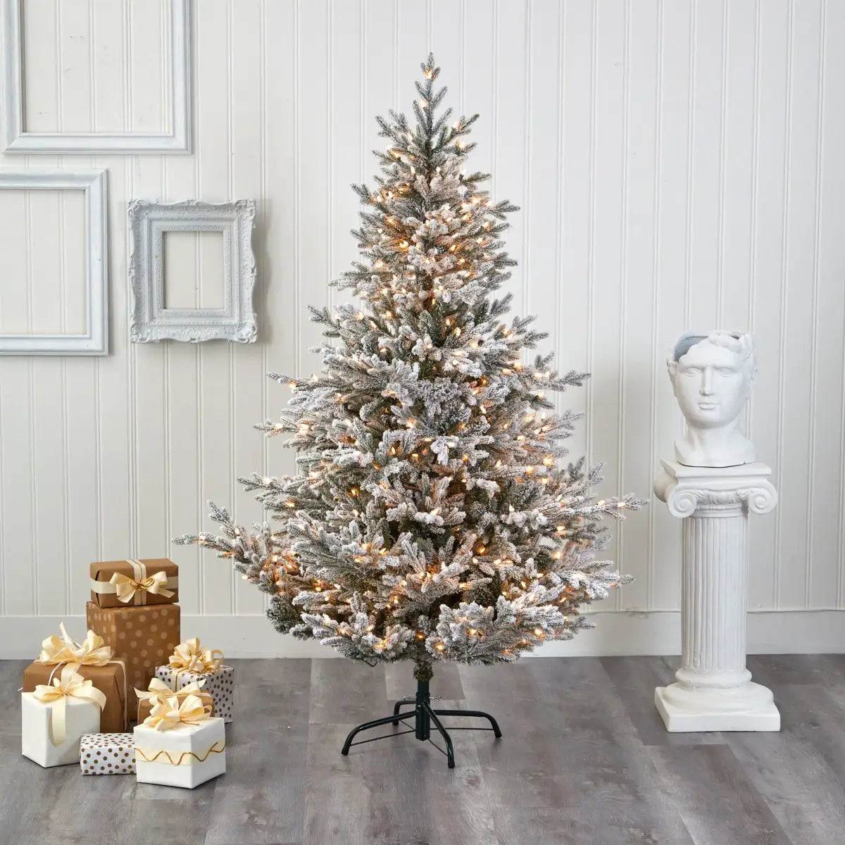 6’ Flocked Fraser Fir Artificial Christmas Tree with 500 Warm White Lights and 236 Bendable Branches - Nearly Natural
