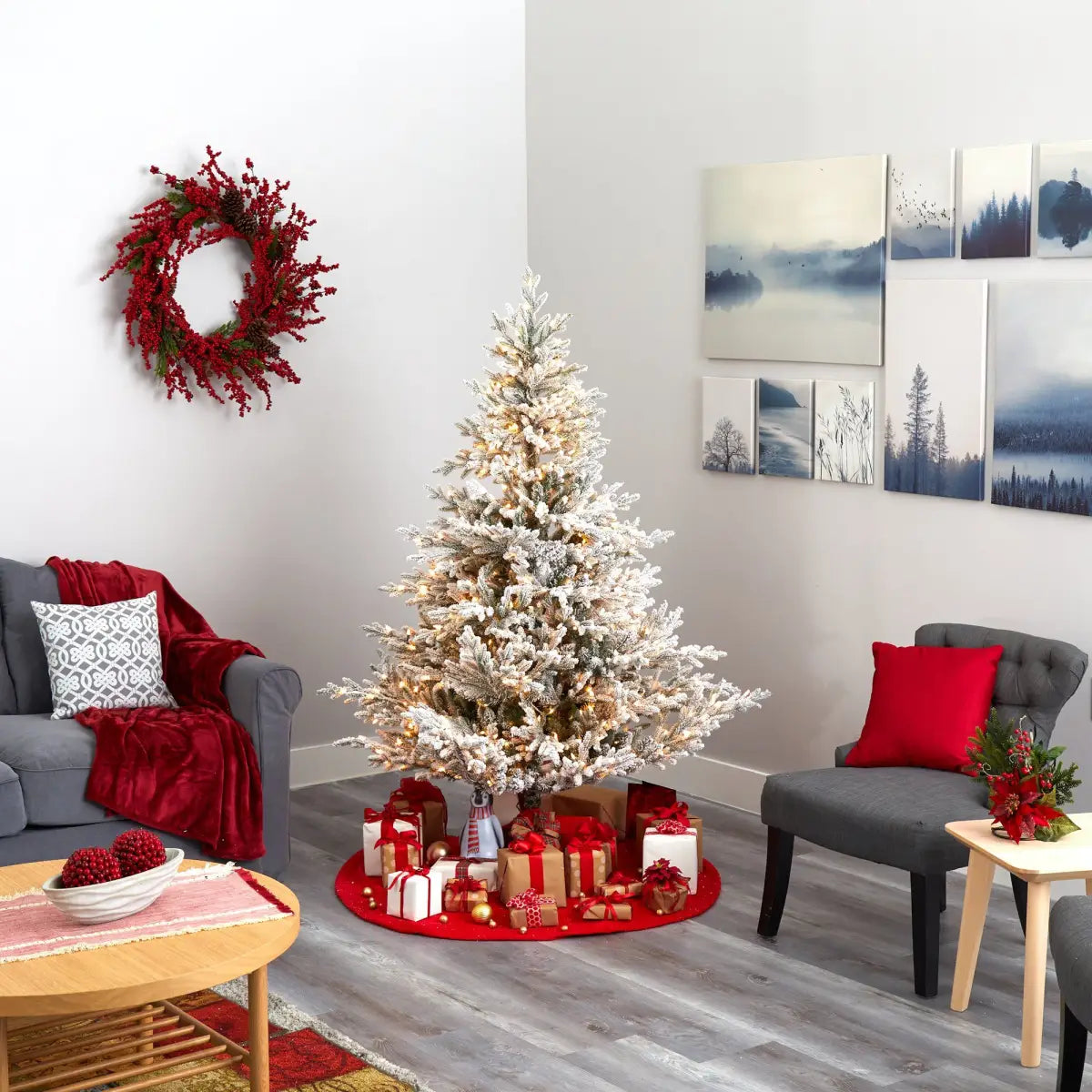 6’ Flocked Fraser Fir Artificial Christmas Tree with 500 Warm White Lights and 236 Bendable Branches - Nearly Natural