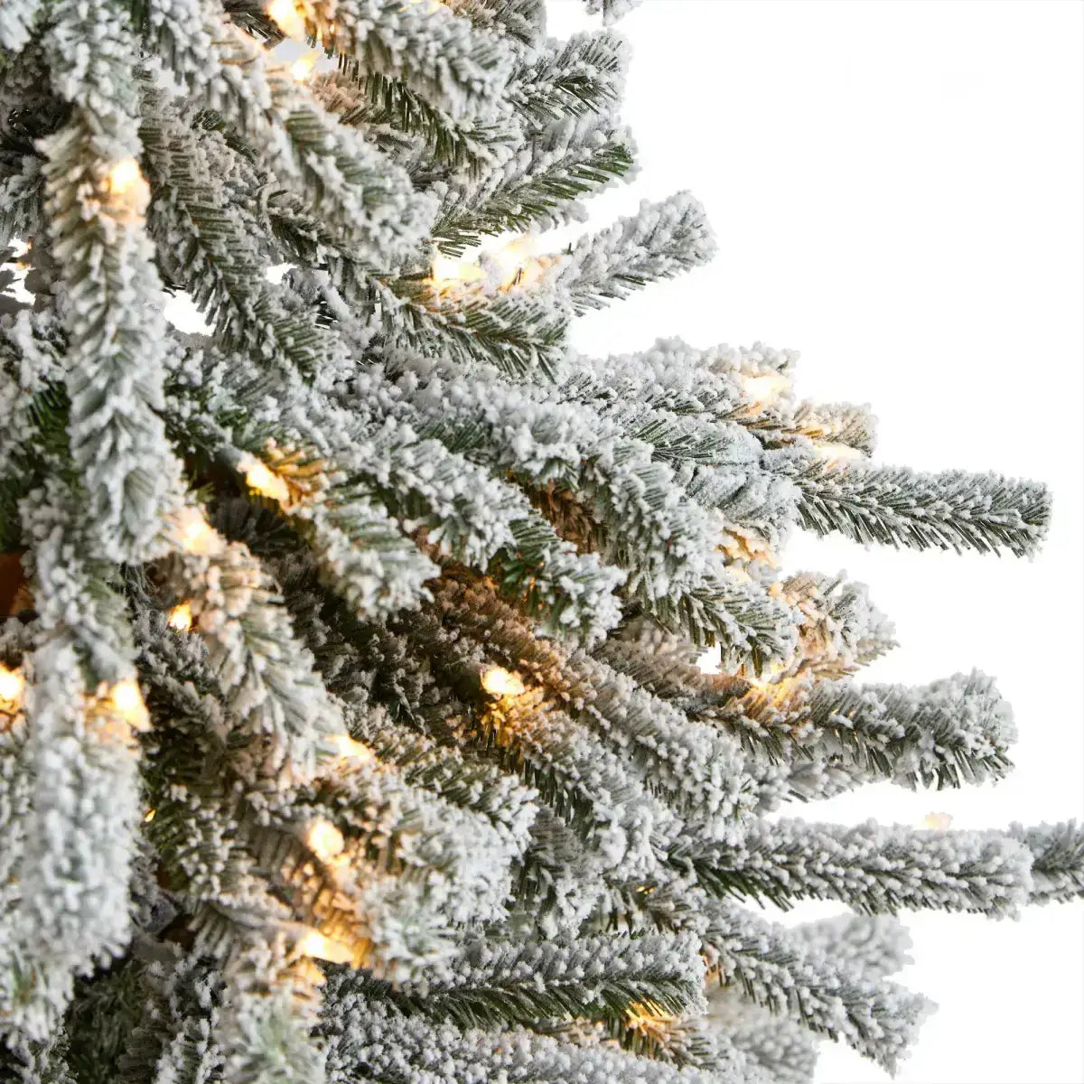 6’ Flocked Long Vermont Pine Tree with 758 Branches and 250 LED Lights in Decorative Planter - Nearly Natural